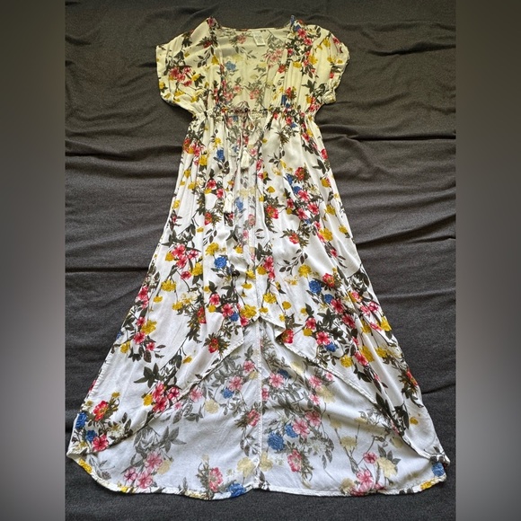 Time and Tru White Multicolor Floral Short Sleeve Tie Hi Low Hem Duster Size M - Picture 2 of 11